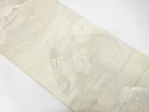 アンティーク　地紙に尾長鳥・牡丹・菊模様織り出し袋帯（材料）